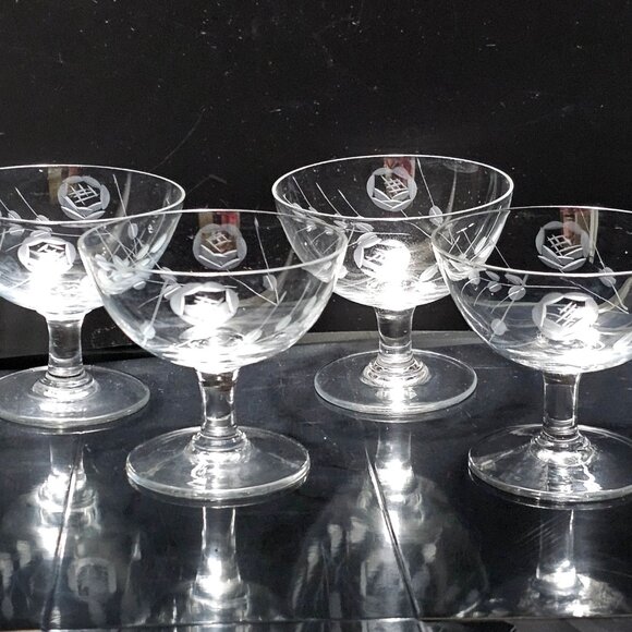 None Other - 4 Vintage Rose Champagne Coupe 3" short glasses etched floral 4oz romantic glass